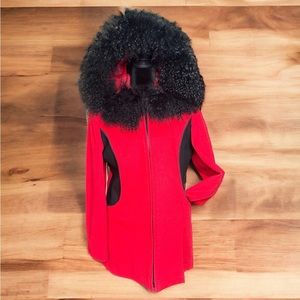 Vintage Loring Red & Black Fur Trimmed Hooded Coat Size M